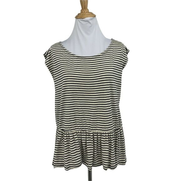 Painted Threads Peplum Striped Top Womens Size L Ivory Black Cap Sleeves Stretch - Picture 1 of 10